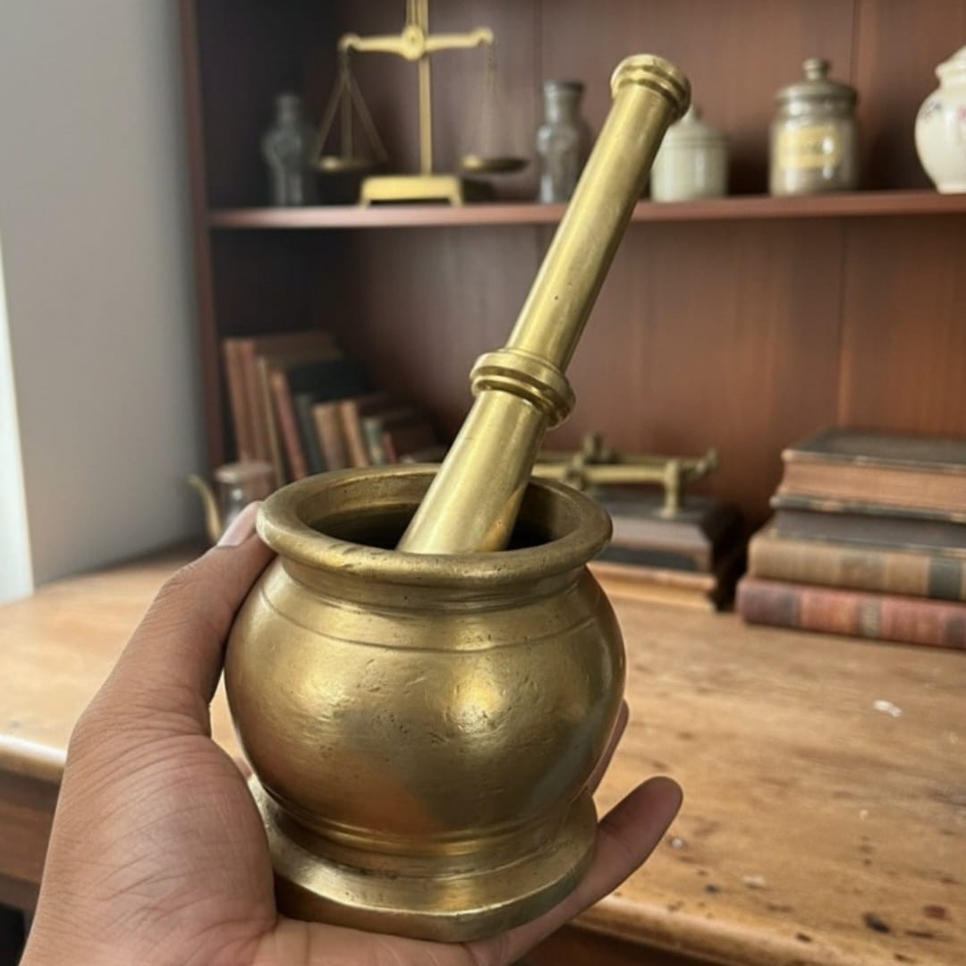 1988 Antique Brass Khalbatta | Traditional Indian Spice Grinding Mortar