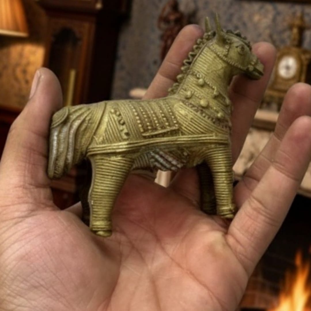 1990 Antique Brass Horse & Cheetah Pair | Small Animal Figurine Decor Set