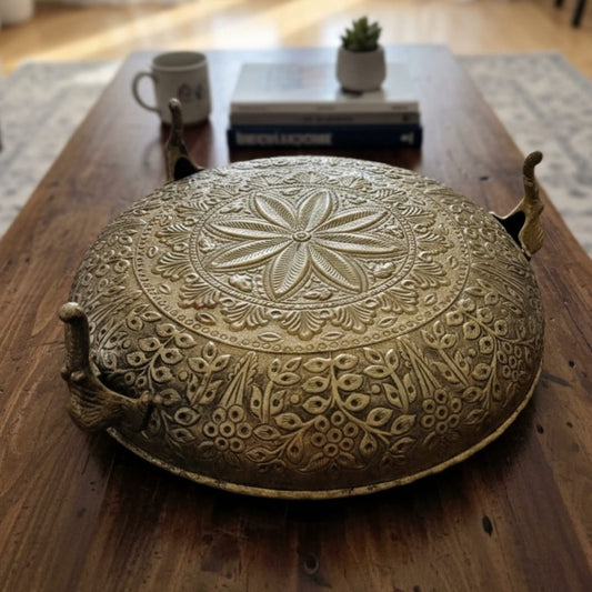1995 Antique Brass Engraved Urli | Ornate Decorative Bowl