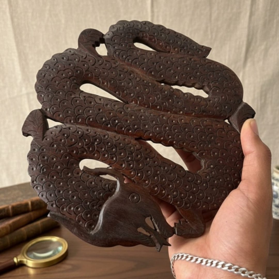 1975 Antique Teakwood Wall Hanging Dragon | Ornate Decorative Plaque