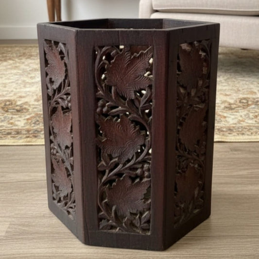 1979 Antique Teakwood Engraved Planter / Dustbin | Versatile Storage Container