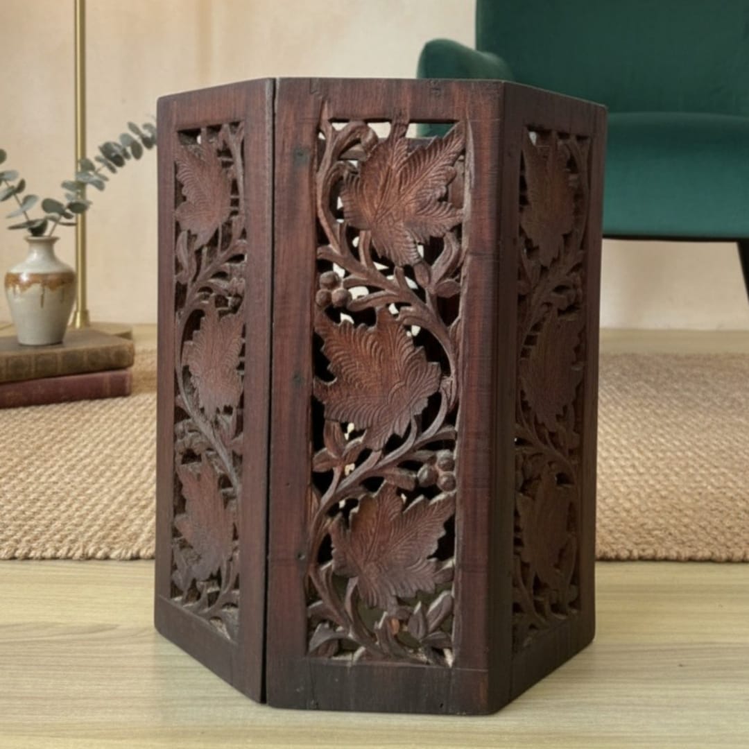 1979 Antique Teakwood Engraved Planter / Dustbin | Versatile Storage Container