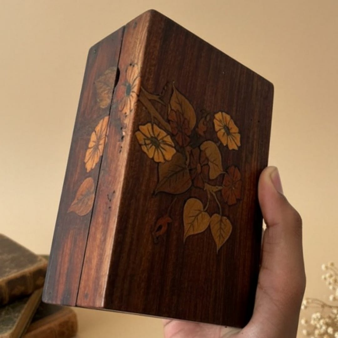 1976 Antique Rosewood Engraved Jewelry Box | Ornate Storage Case