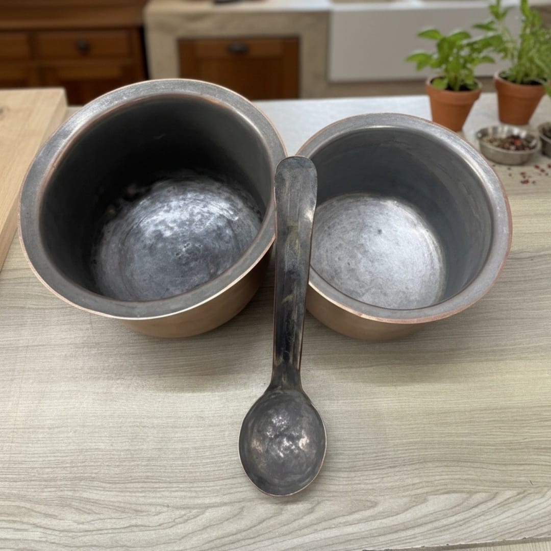 1994 Antique Brass Small Long-Shaped Cooking Bowls with Ladle (Pair) | Elegant Brass Kitchen Accents