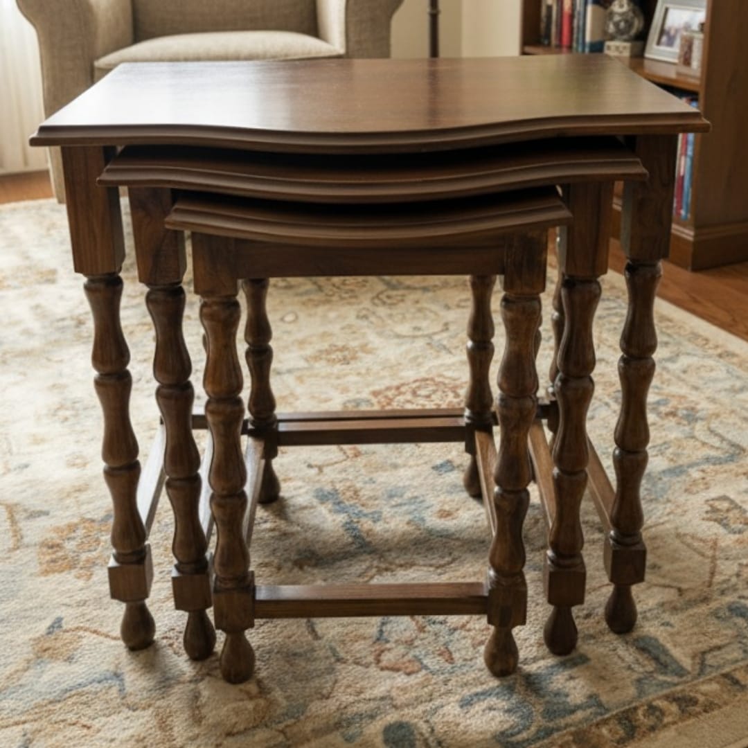 1995 Antique Teakwood Nesting Side Tables set of 3| Wooden Accent Tables