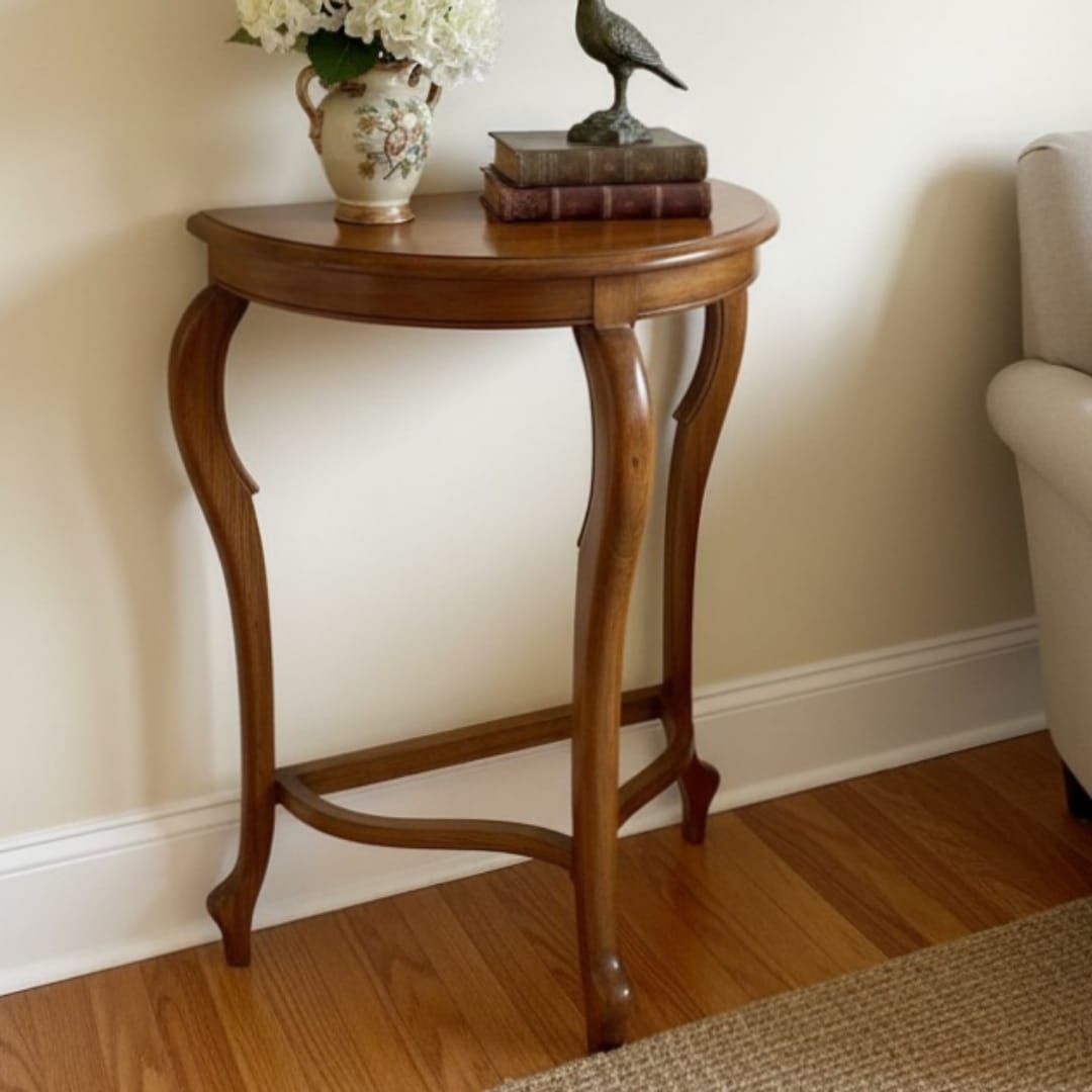 1993 Antique Teakwood Half-Moon Console Table | Wooden Accent Table