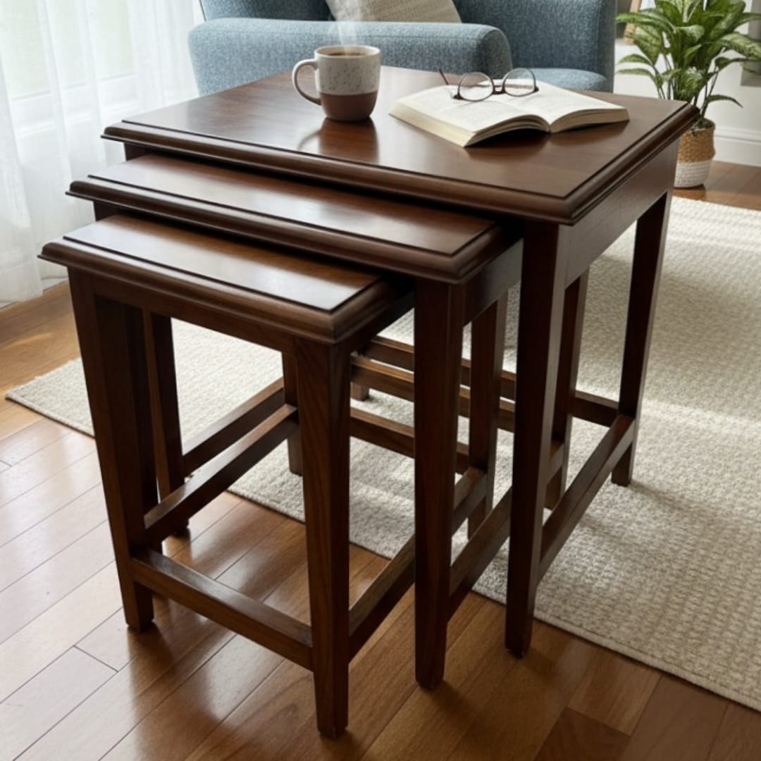 1990 Antique Teakwood Nesting Tables Set of 3 | Wooden Accent Tables