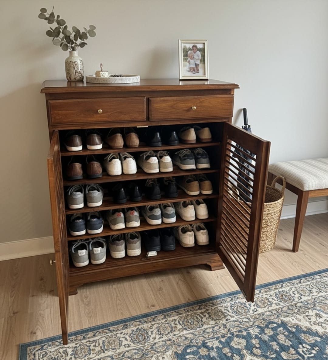 1996 Antique Teakwood Louvered Storage Cabinet | Wooden Sideboard Cabinet
