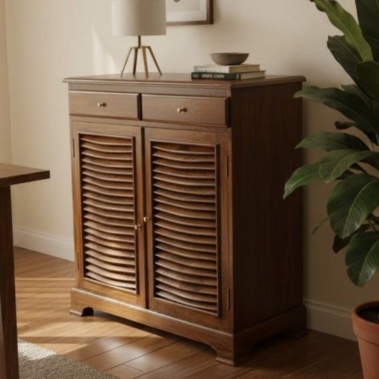 1996 Antique Teakwood Louvered Storage Cabinet | Wooden Sideboard Cabinet