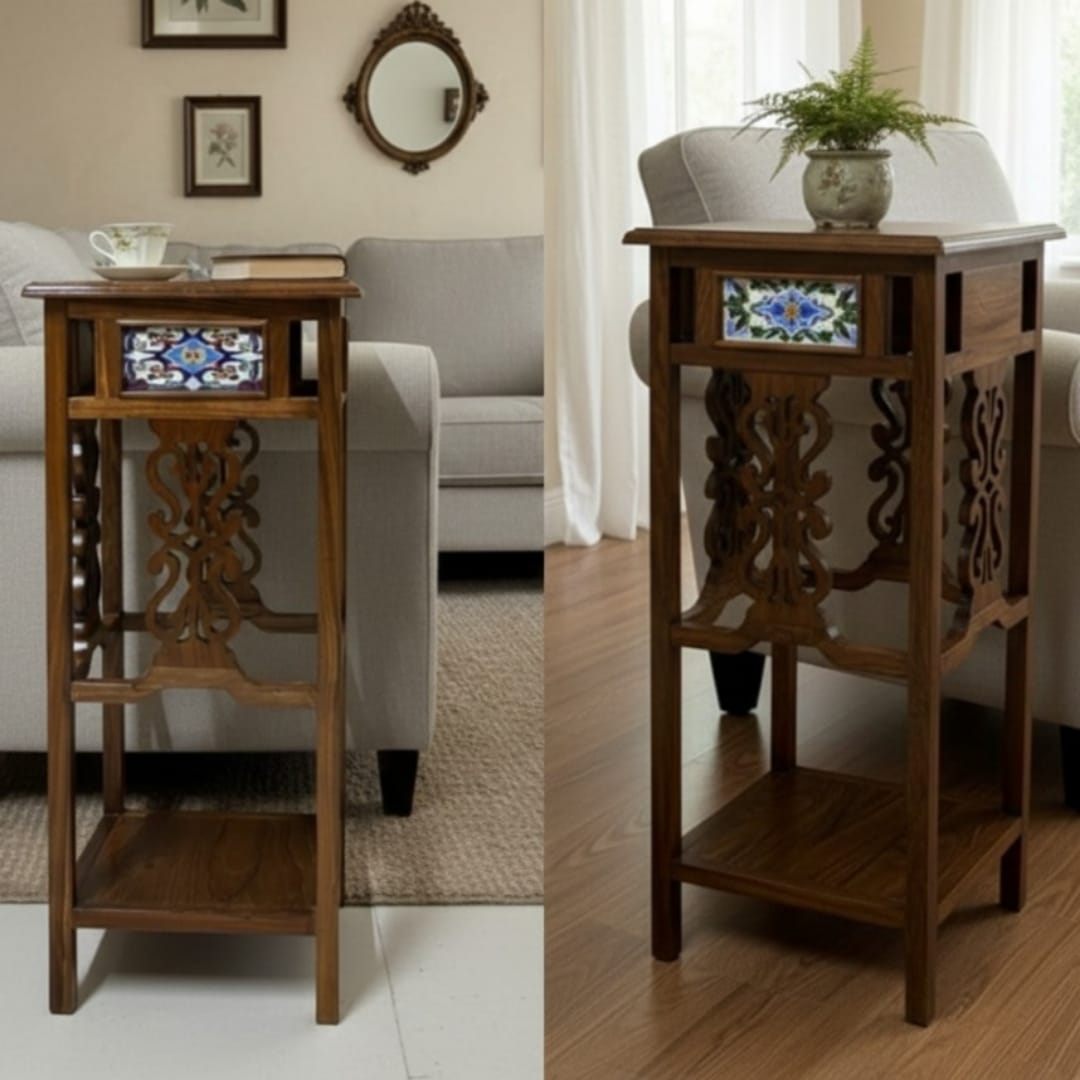 1992 Antique Teakwood Side Table with Ceramic Tile Detail | Wooden Accent Table