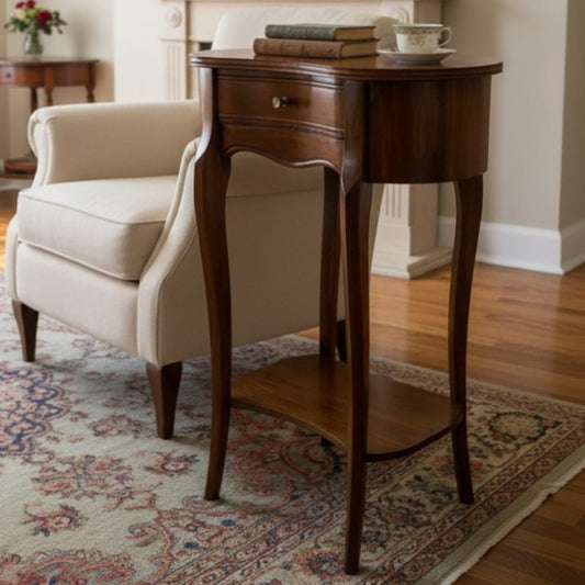 1994 Antique Teak Wood Side Table | Wooden Accent Table with Drawer