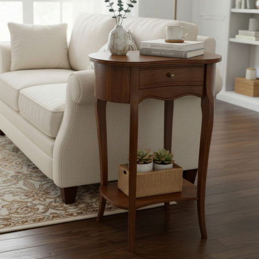 1992 Antique Teak Wood Side Table | Wooden Accent Table with Drawer