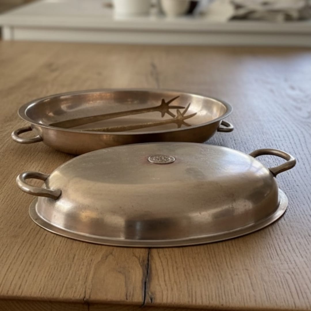 1984 Antique Brass Serving Tray with Tong | Traditional Brass Tableware