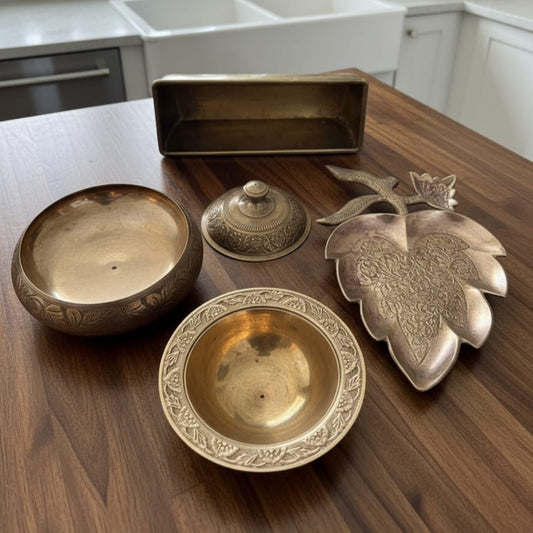 1986 Antique Brass Serving Tray & Bowl Set of 4 | Coordinated Brass Servingware