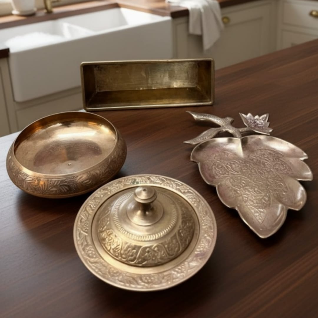 1986 Antique Brass Serving Tray & Bowl Set of 4 | Coordinated Brass Servingware