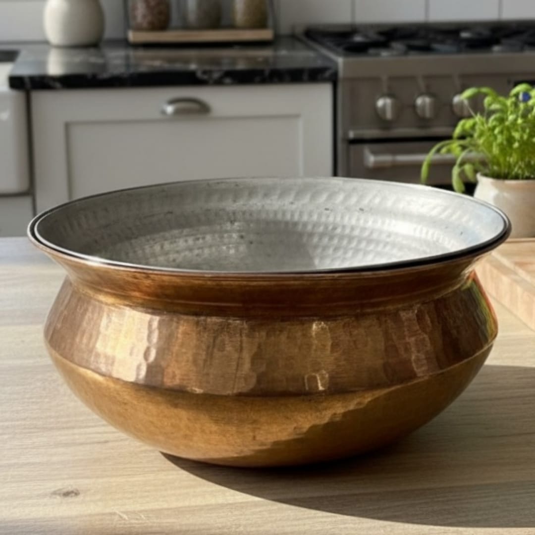 1987 Antique Brass Cooking Bowl with Small Parat | Brass Kitchenware Set