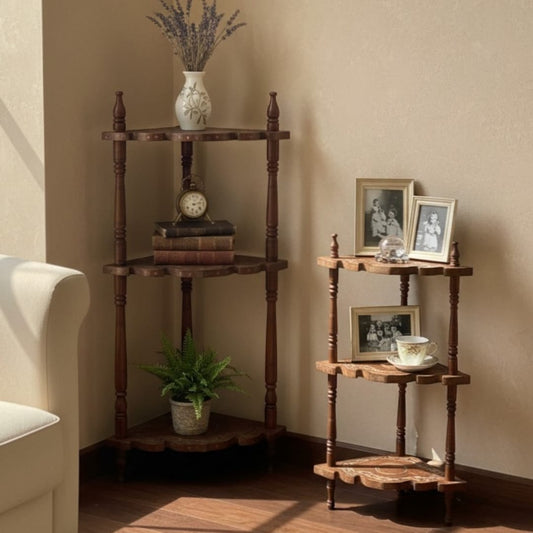 1974 Antique Carved Kashmiri Rosewood Foldable Nesting Side Tables | Floral Inlay Display Stands in Pair