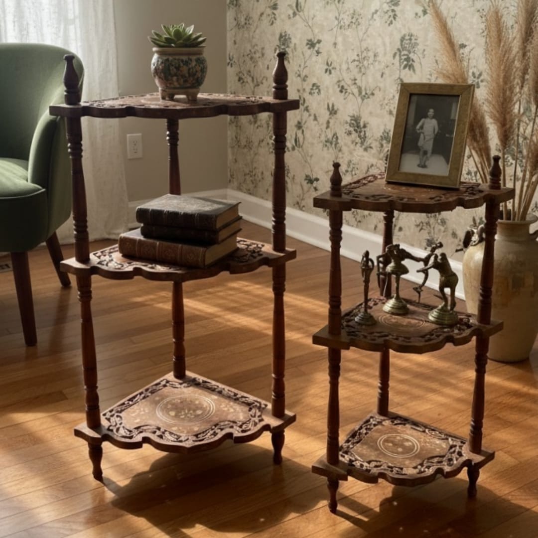 1974 Antique Carved Kashmiri Rosewood Foldable Nesting Side Tables | Floral Inlay Display Stands in Pair - Bombay Antiques