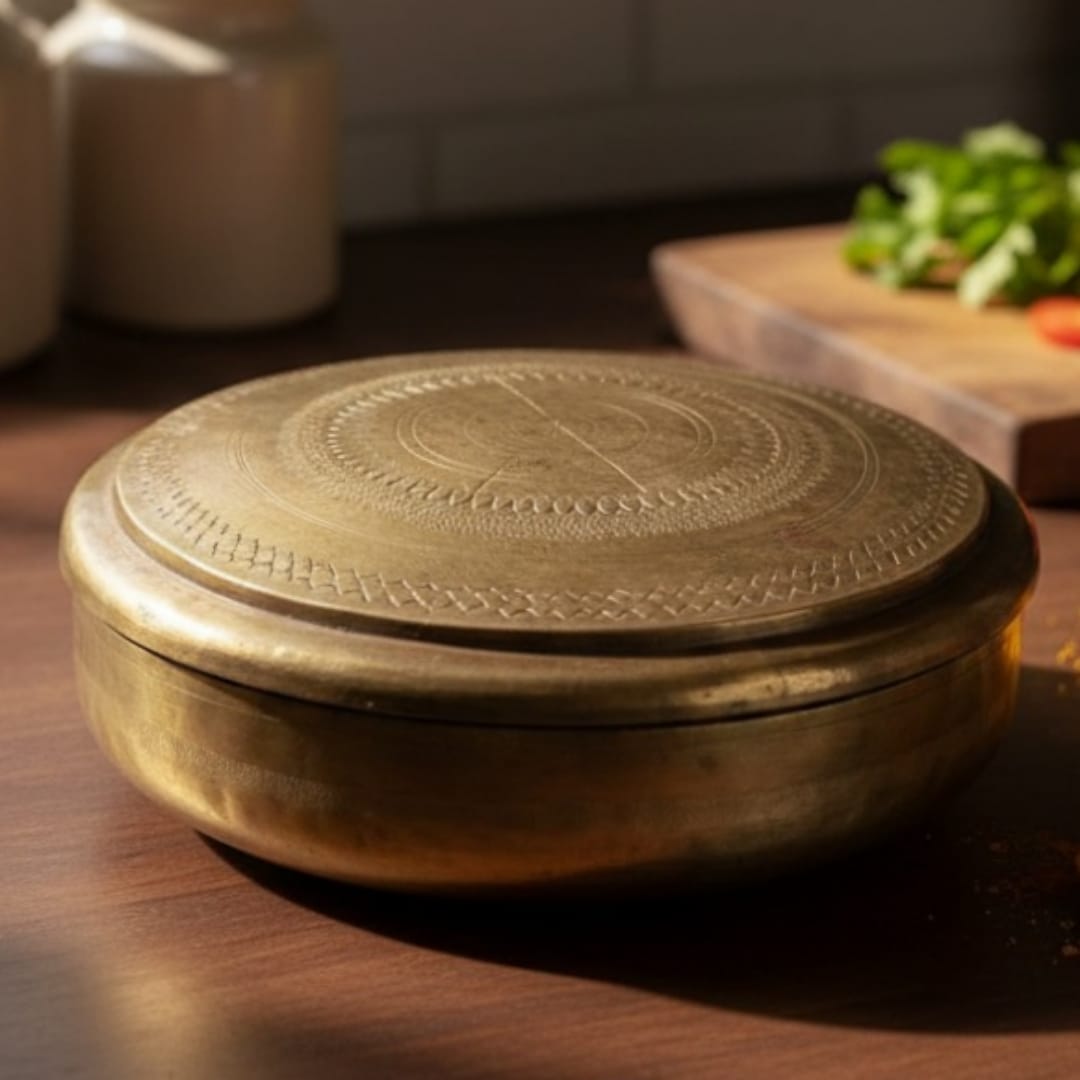 1979 Antique Brass Engraved Chapati Box | Traditional Food Storage & Tabletop Accent