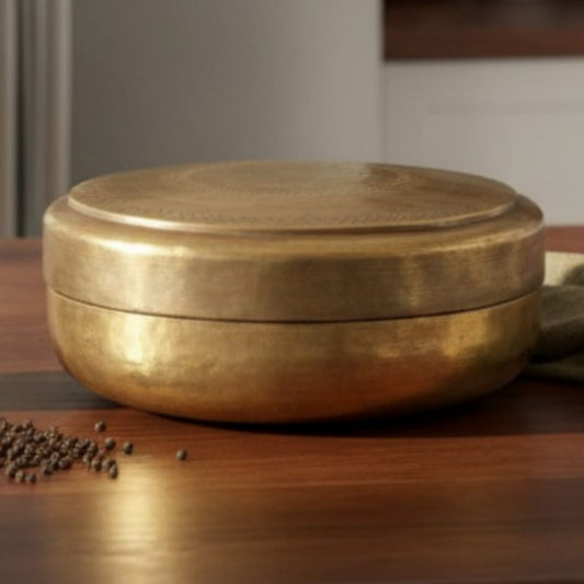 1979 Antique Brass Engraved Chapati Box | Traditional Food Storage & Tabletop Accent