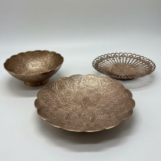 1984 Antique Brass Engraved Decor & Serving Bowl Set of 3 | Graduated Brass Bowls - Bombay Antiques