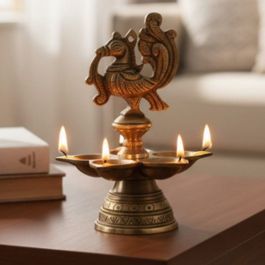 1973 Antique Brass Engraved Diya Pair | Matched Oil Lamps with Detailed Etching - Bombay Antiques