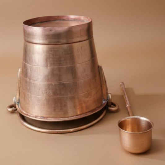 1979 Antique Brass Small Bucket with Ladle | Rounded Serving Bucket with Handle - Bombay Antiques