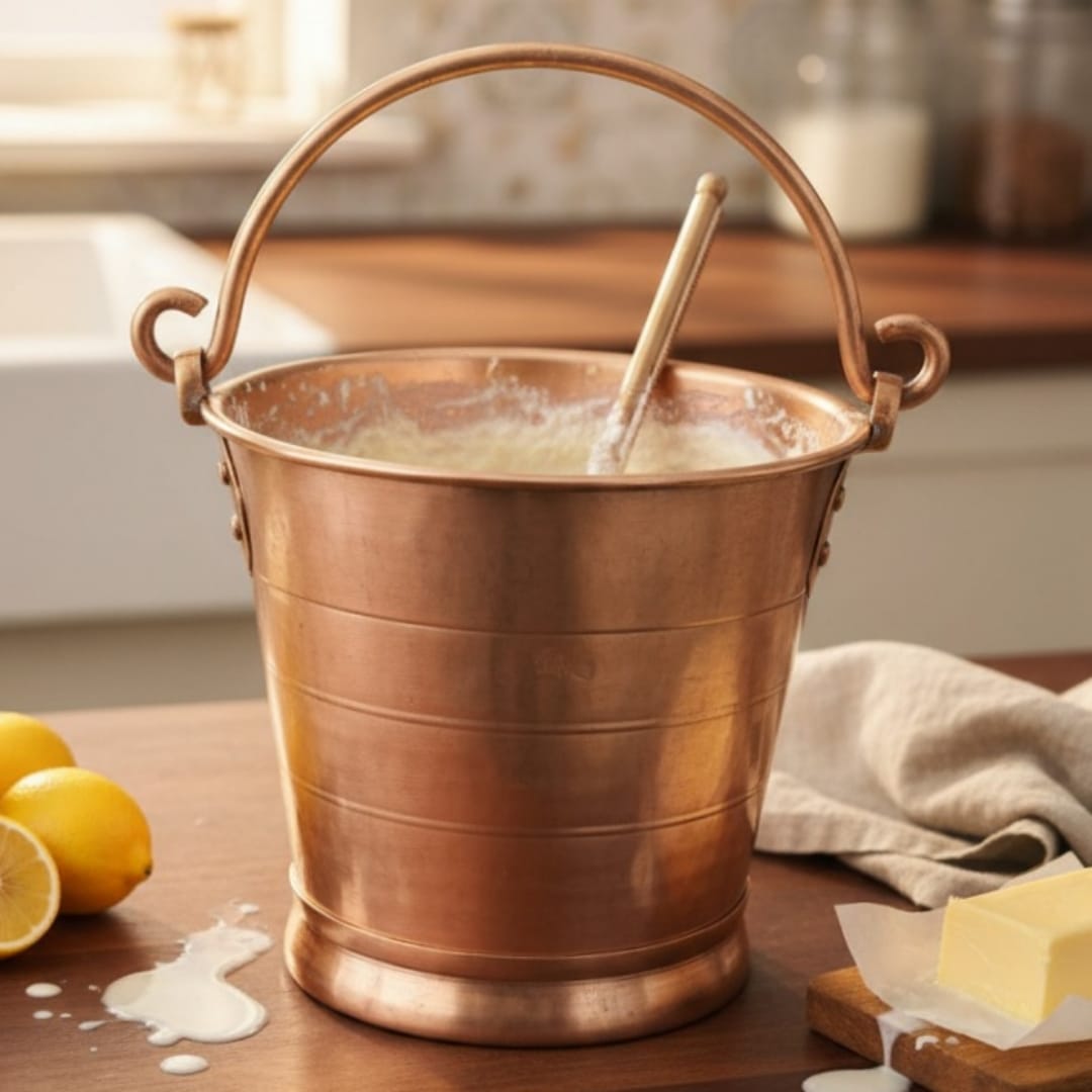 1979 Antique Brass Small Bucket with Ladle | Rounded Serving Bucket with Handle - Bombay Antiques