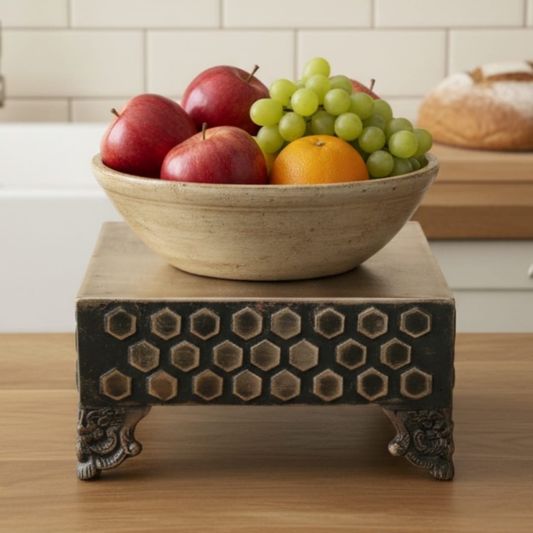 1972 Antique Brass Chowki | Raised Square Platform Stand - Bombay Antiques