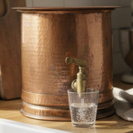 1978 Antique Copper Water Dispenser with Brass Tap | Hammered Cylindrical Storage Vessel - Bombay Antiques