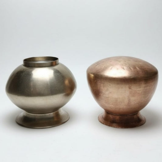 1976 Antique Brass and Bronze Kalash in Pair | Coordinated Dual-Tone Decorative Vessels - Bombay Antiques