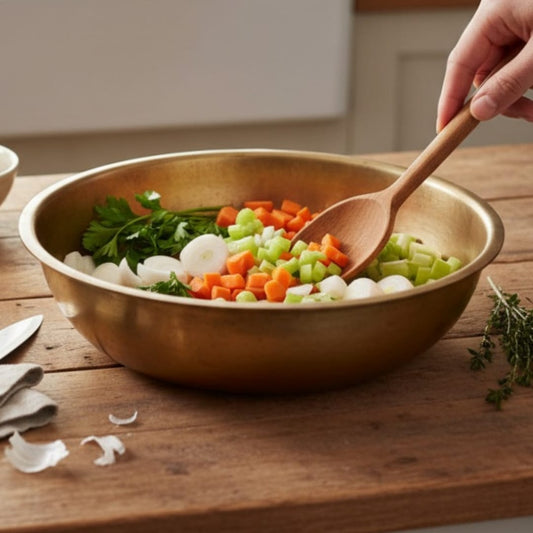 1974 Antique Brass Wide Serving Bowl | 12.8 Inch Deep Utility Paraat Style Bowl - Bombay Antiques