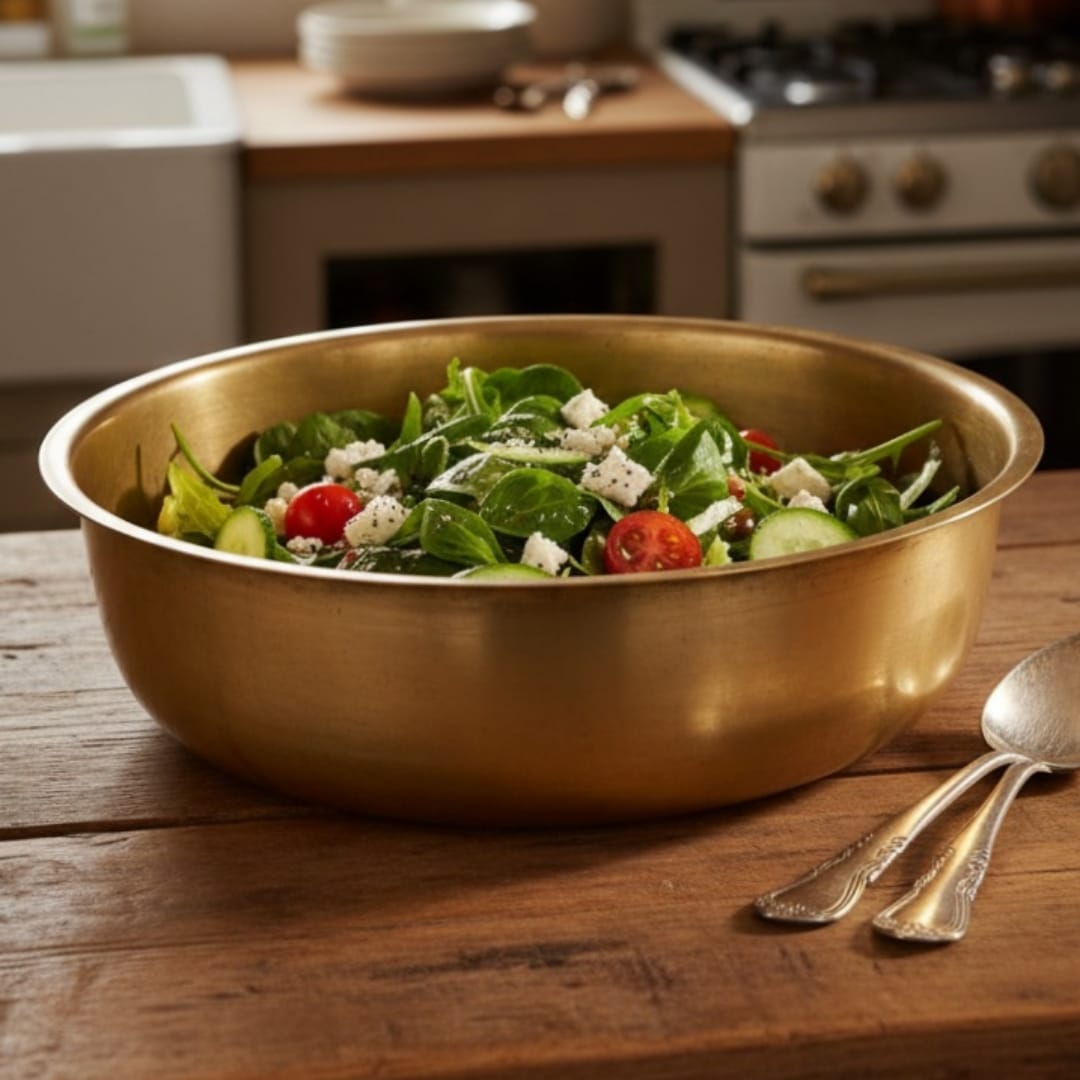 1974 Antique Brass Wide Serving Bowl | 12.8 Inch Deep Utility Paraat Style Bowl - Bombay Antiques