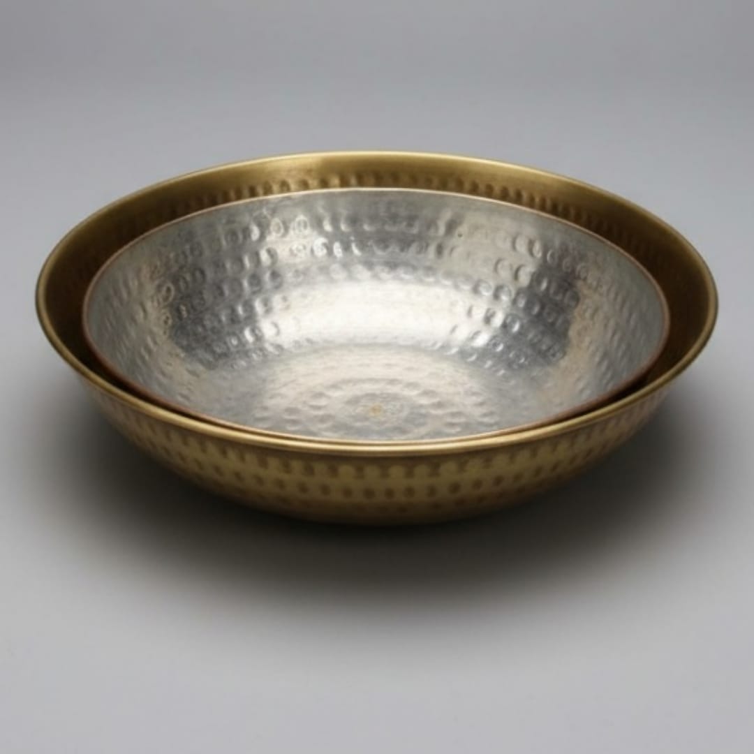 1975 Antique Brass Hammered Bowls in Pair | Dual Size Serving and Mixing Bowls - Bombay Antiques