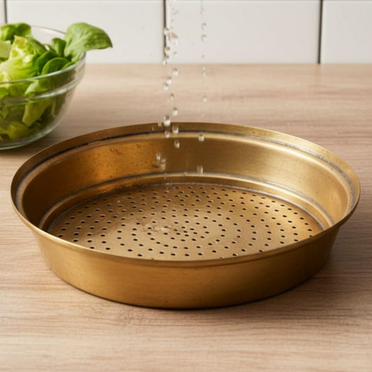 1972 Antique Brass Steaming Plate | Perforated Insert for Traditional Cooking - Bombay Antiques