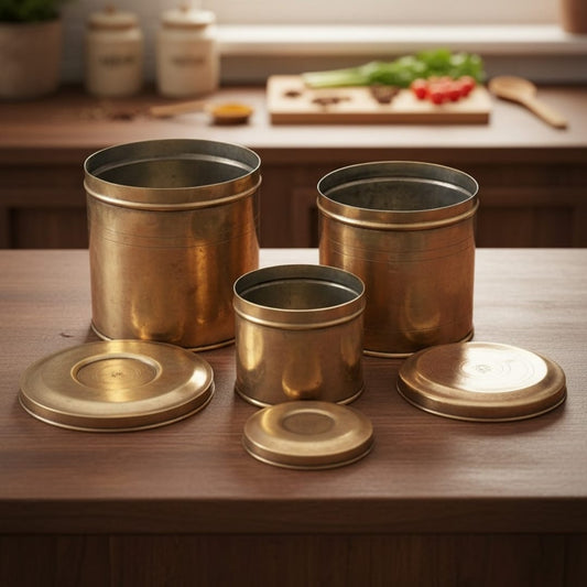 1983 Antique Brass Storage Box Set of 3 | Graduated Round Containers with Fitted Lids - Bombay Antiques