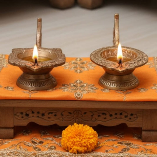 1974 Antique Brass Diya in Pair | Wide Round Oil Lamps with Defined Rim - Bombay Antiques