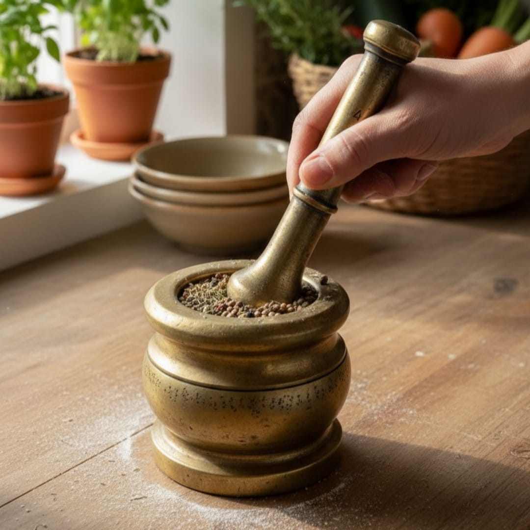 1973 Antique Brass Heavy Khalbatta | Compact Solid Mortar and Pestle Set - Bombay Antiques
