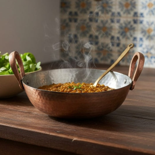 1994 Antique Copper Kadai with Brass Ladle | Classic Hammered Cooking Vessel - Bombay Antiques