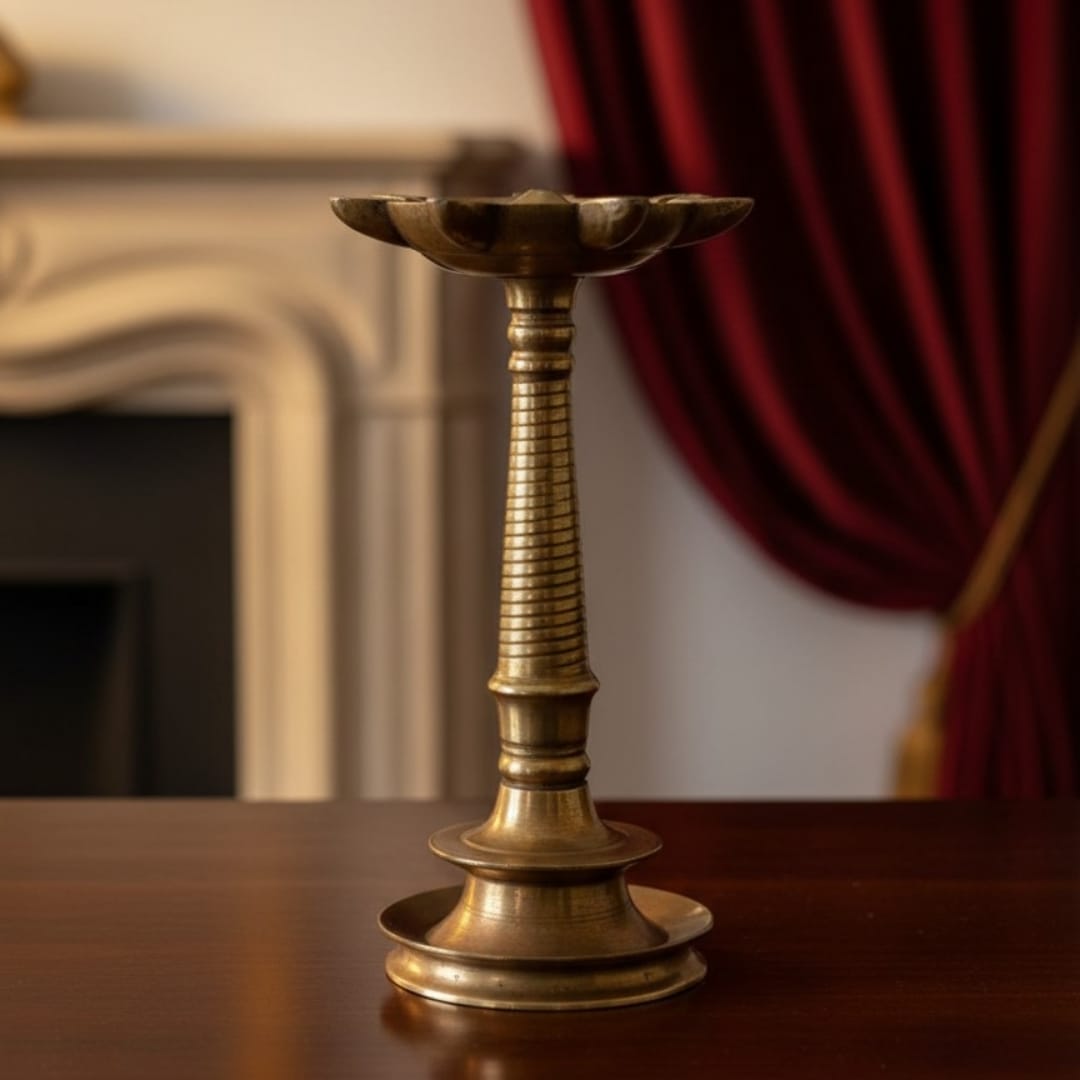 1972 Antique Brass Samay | Medium Height Standing Oil Lamp - Bombay Antiques