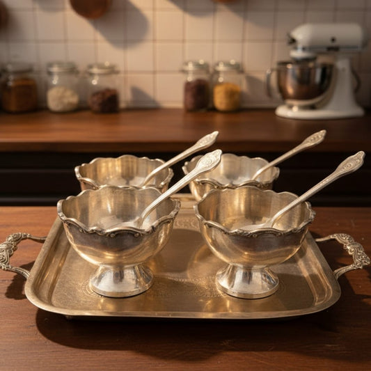 1988 Antique Brass Dessert Set | Cup, Plate and Spoon Coordinated Serving Ensemble - Bombay Antiques