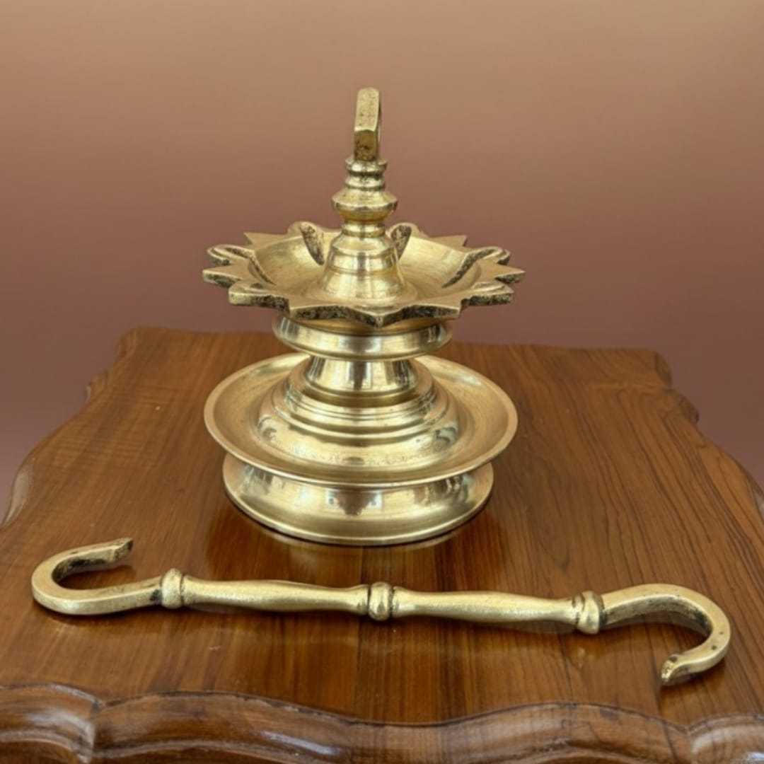 1975 Antique Brass Hanging Samay | Suspended Oil Lamp with Extended Stem