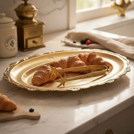 1988 Antique Brass Serving Tray with Tong | Rectangular Presentation Set - Bombay Antiques