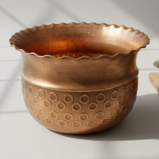 1987 Antique Brass Planter | 12 Inch Wide Decorative Plant Vessel 10 Litre - Bombay Antiques