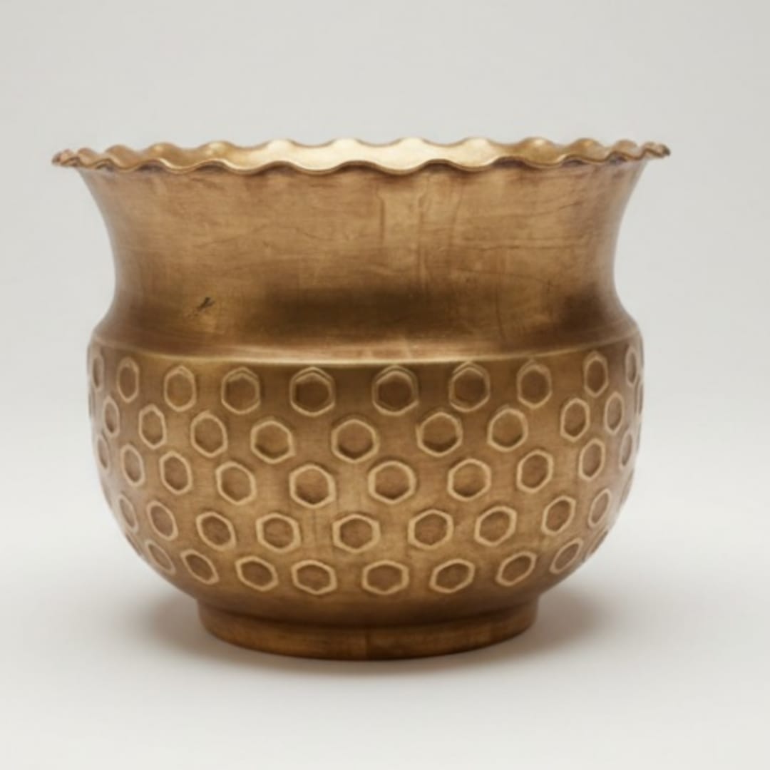 1987 Antique Brass Planter | 12 Inch Wide Decorative Plant Vessel 10 Litre - Bombay Antiques