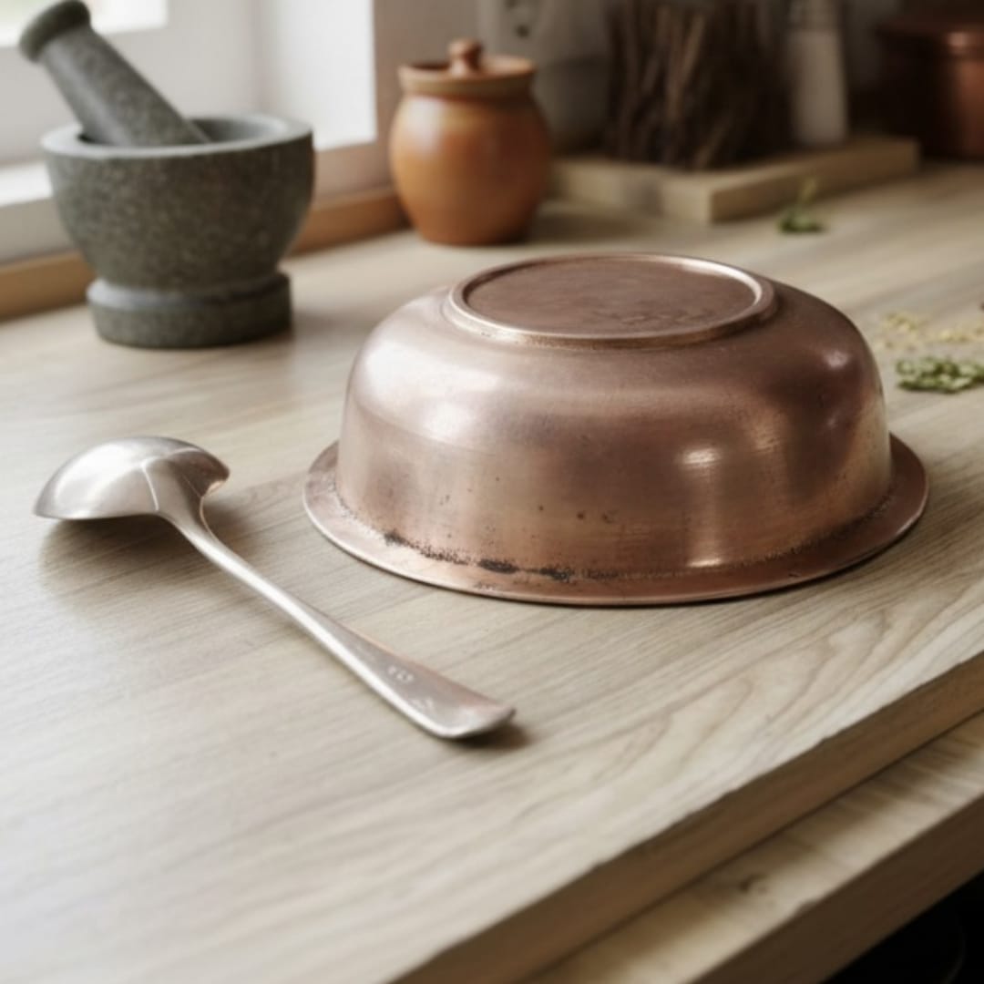 1973 Heavy Antique Bronze Bowl with Spoon | Traditional Bronze Serving Bowl - Bombay Antiques