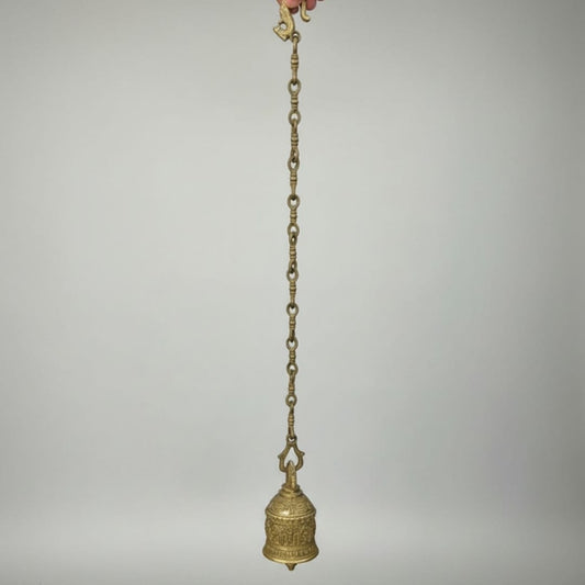 1988 Antique Brass Heavy Bell with Chain | Decorative Hanging Brass Bell - Bombay Antiques