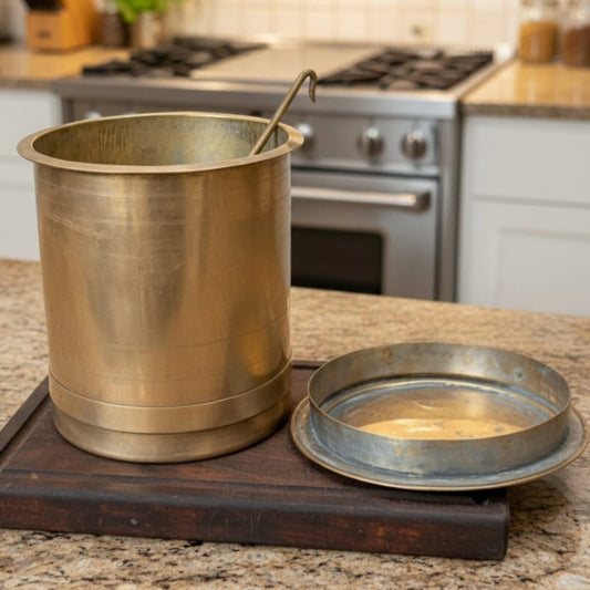 1966 Antique Brass Water Tank with Ladle | Large Brass Storage & Serving Vessel - Bombay Antiques