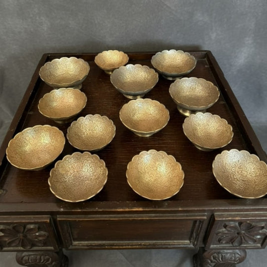 1984 Antique Brass Engraved Bowls Set of 13 | Decorative Brass Serving Collection - Bombay Antiques