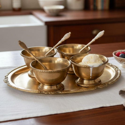 1985 Antique Brass Dessert Set with Cups and Tray | Decorative Brass Serving Set - Bombay Antiques